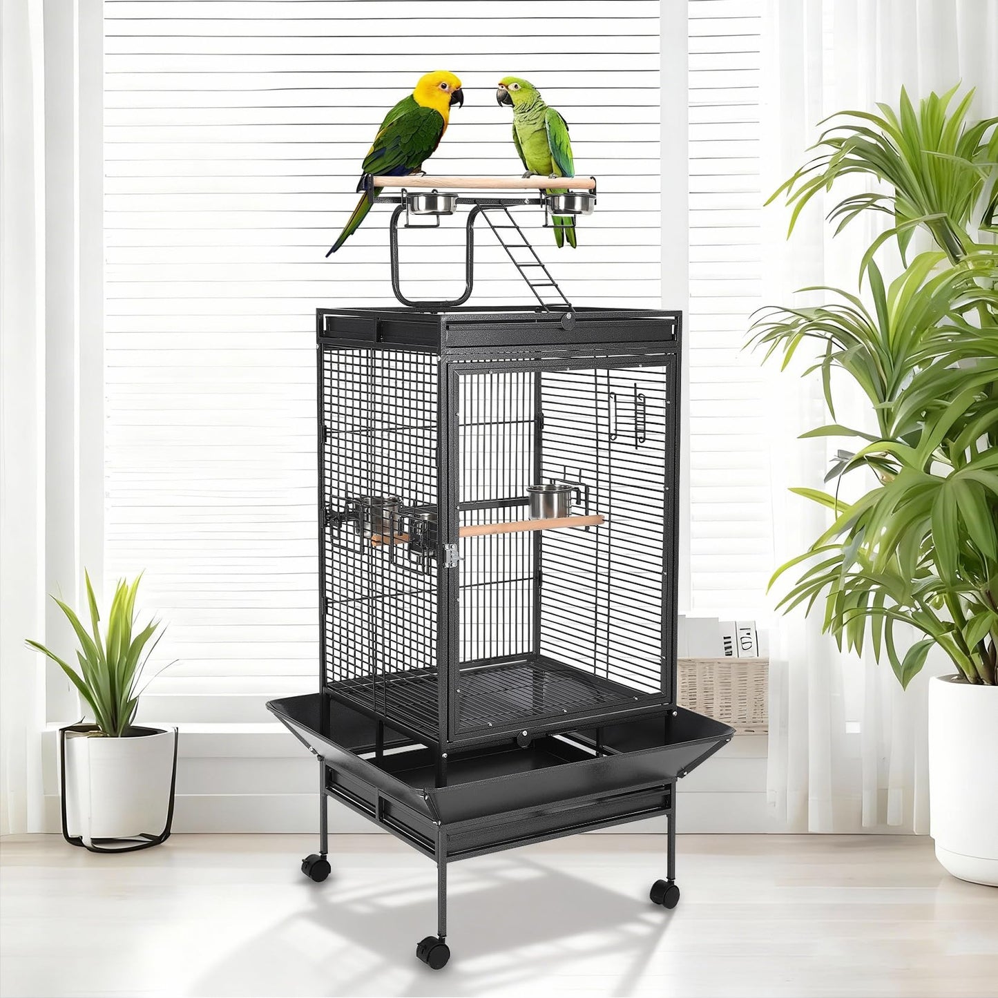 Large Vintage Wrought Iron Bird Cage - Rolling Stand, Stainless Bowls, Non-Toxic Coating, Flight Cage, Easy Clean,for Various Birds,65inch