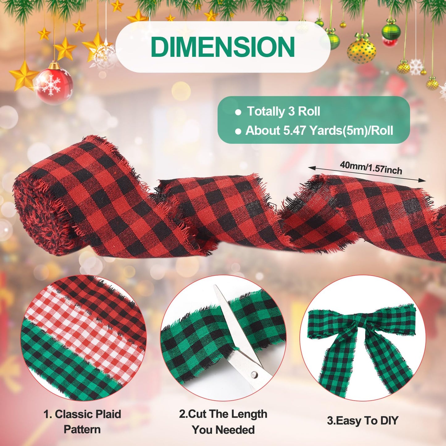 FASHEWELRY 3 Rolls Christmas Plaid Ribbon Cotton Handmade Fringe Wrapping Ribbon Red Green Natural Linen Ribbons for Christmas Tree Bows Decorations Gifts Wrapping