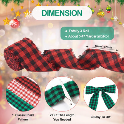 FASHEWELRY 3 Rolls Christmas Plaid Ribbon Cotton Handmade Fringe Wrapping Ribbon Red Green Natural Linen Ribbons for Christmas Tree Bows Decorations Gifts Wrapping