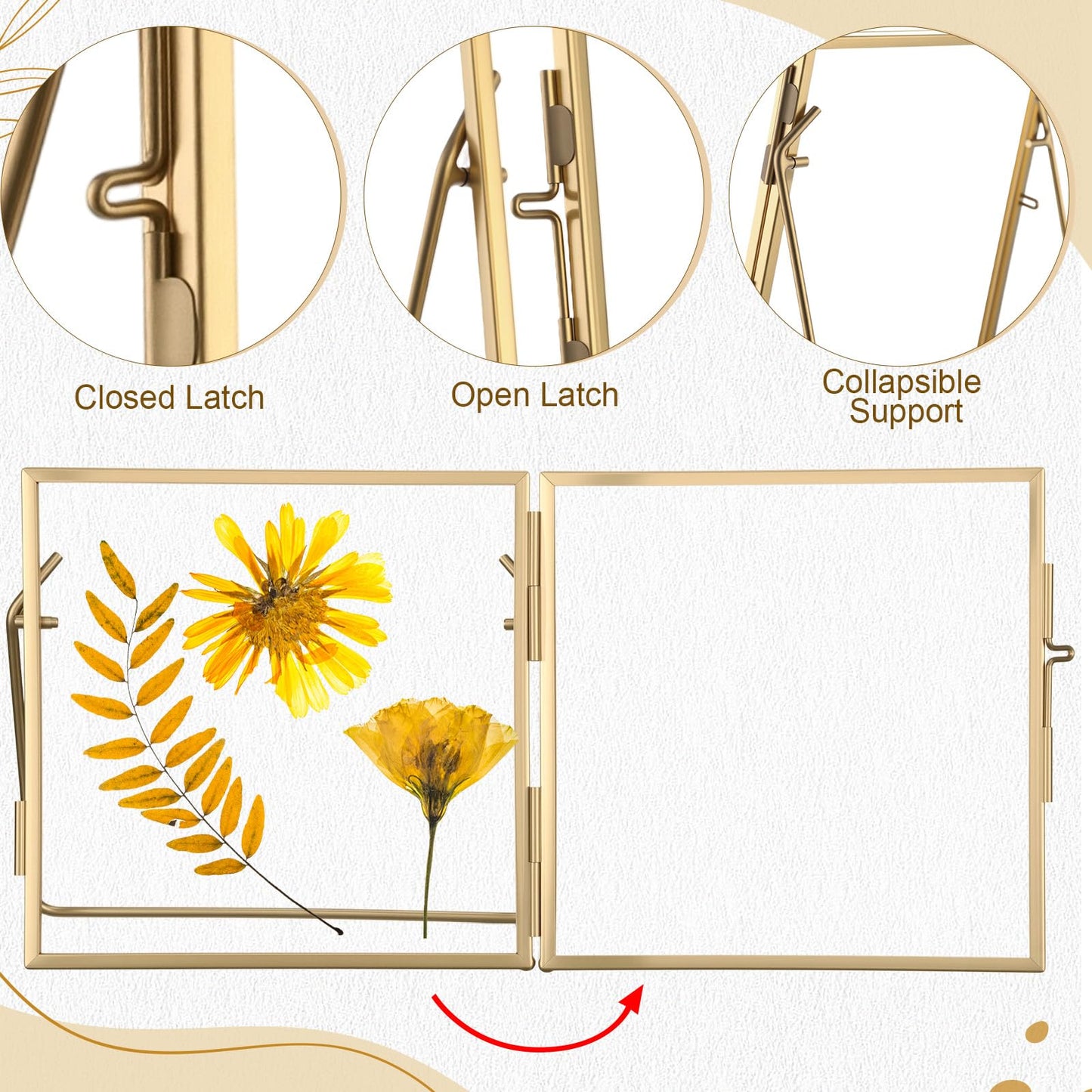 Vicenpal 5 Pack Glass Pressed Flower Frame Handmade, 4 x 4 floating Picture Frames for Pressed Flowers, Brass Double Glass for Tabletop Display, Home Office Plant Specimen, Photos(Gold)