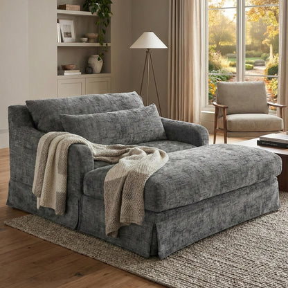 Merax Modern Indoor Chaise Lounge with Pillows, Oversized Chenille Upholstered Sleeper Sofa Bed with Armrests for Living Room, Apartment, Grey