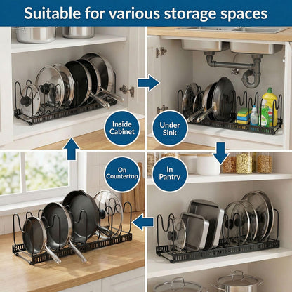 Expandable Pot Rack Organizer for Cabinet, Wave Slot Carbon Steel Pot & Pan Holder with 10 Adjustable Slots, Heavy Duty Cookware Storage for Pans, Lids, Bakeware, Countertop or Under Sink, Black
