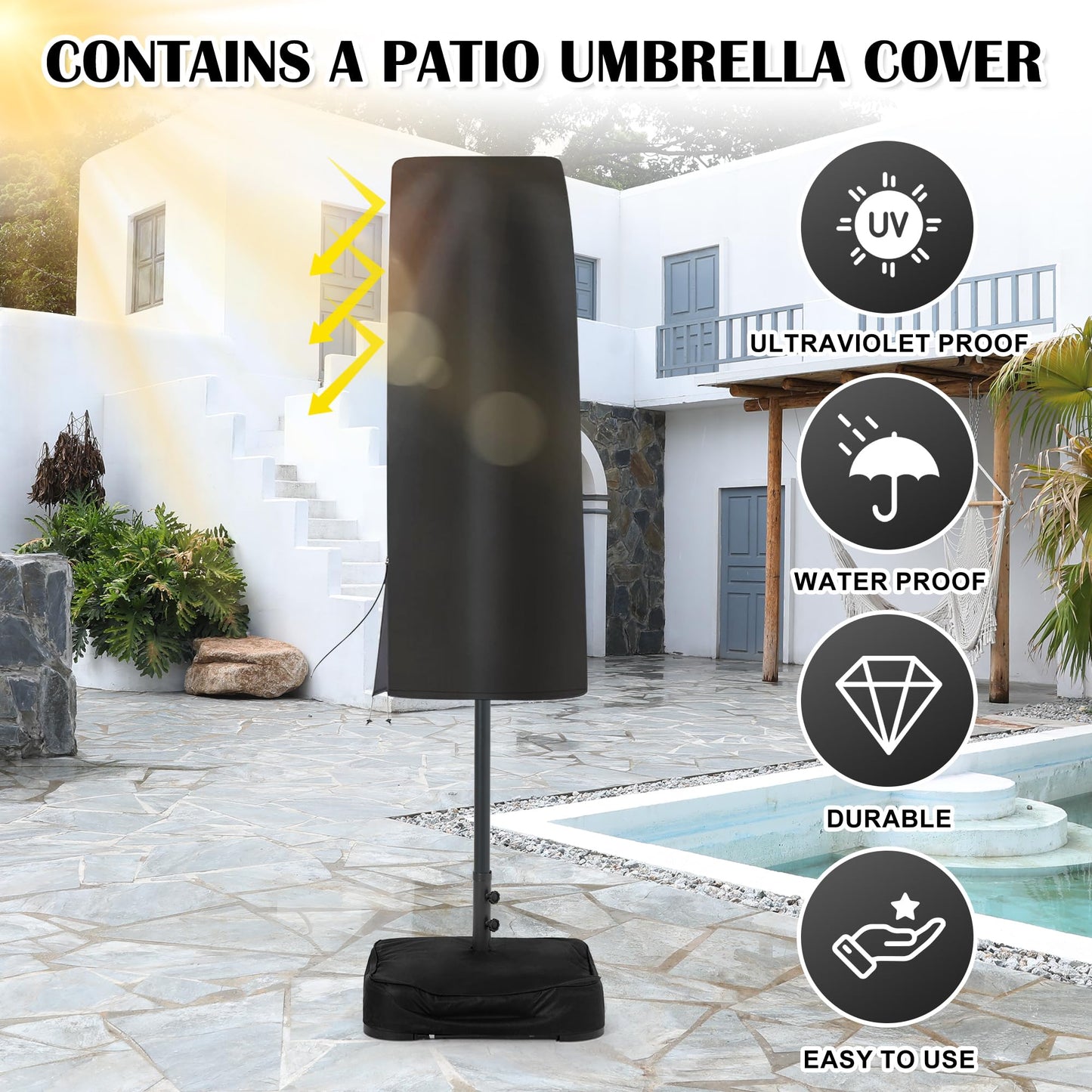 Sundale Outdoor Solar 15 ft 144 LED Olefin 5-Year-Non-Fading Patio Umbrella with Sandbag Base Included and Cover, Outdoor Double-Sided Umbrella with Lights, Red
