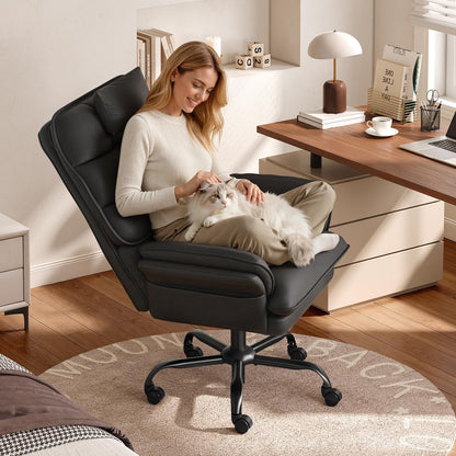 Bestier Cross Legged Office Chair Criss Cross Chair with Adjustable Arms 135° Reclining PU Leather Executive Chair with Wheels Big and Tall Computer Desk Chair for Home Office Black
