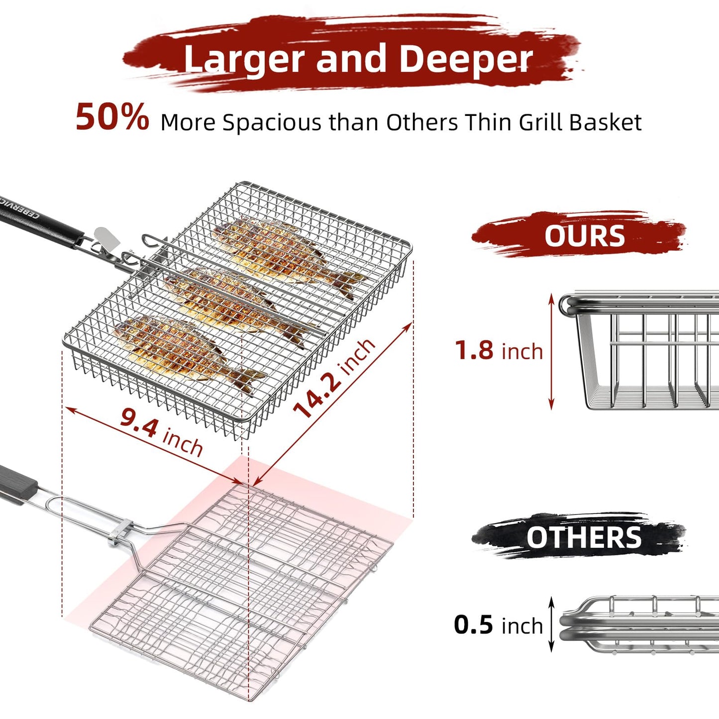 CEBERVICE Grill Basket Extra Large, SUS304 Stainless Steel, Portable Folding BBQ Camping Grilling Rack for Fish, Vegetables, Shrimp, Barbeque Griller Cooking Accessories, Grilling Gifts for Men, Dad