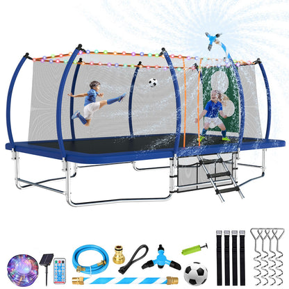 Lyromix 16FT Outdoor Rectangle Trampoline for Kids and Adults, Rectangular Trampoline with Curved Poles, Pumpkin Trampolin with Light, Sprinkler, Soccer and Storage Bag