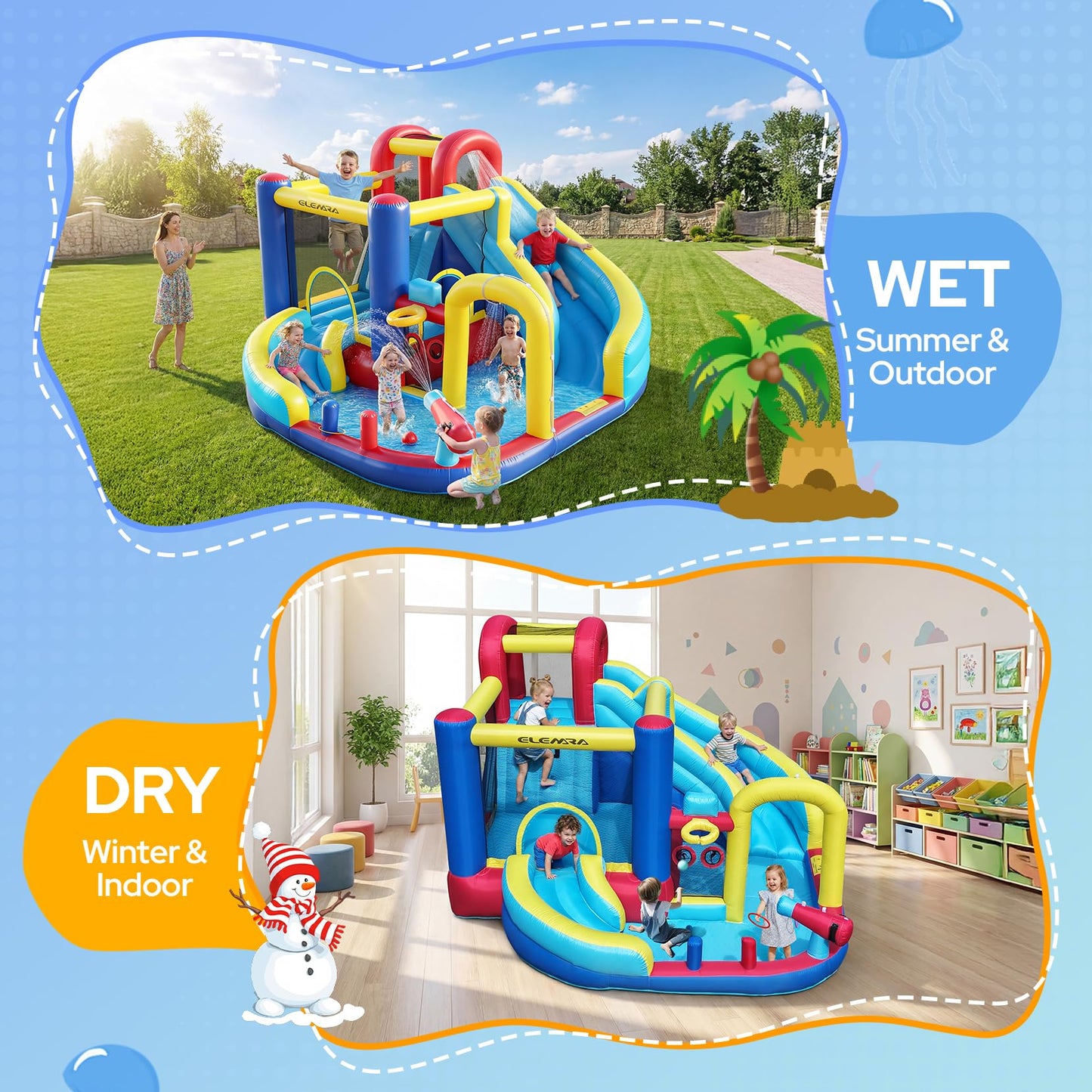 ELEMARA 10 in 1 Inflatable Water Slide Bounce House, Inflatable Bounce House with Blower, Dual Slides & Climbing Walls & Ring-toss Game & 2 Water Guns, Splash Pool, Blow up Water Slide with Blower