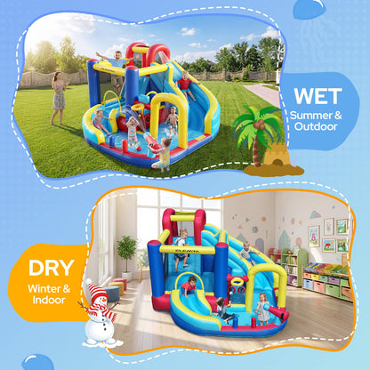 ELEMARA 10 in 1 Inflatable Water Slide Bounce House, Inflatable Bounce House with Blower, Dual Slides & Climbing Walls & Ring-toss Game & 2 Water Guns, Splash Pool, Blow up Water Slide with Blower