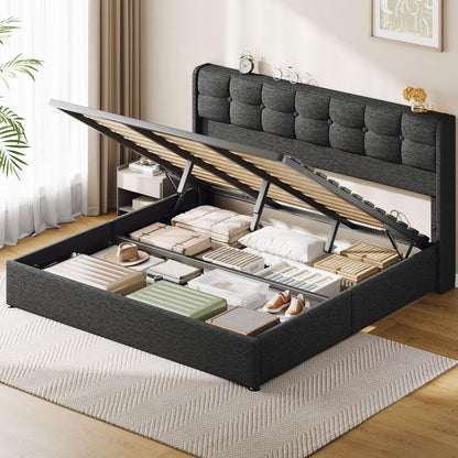 Vinabilia Lift Up King Size Bed Frame with Storage, Upholstered King Bed Frame with Wingback Headboard, No Box Spring Needed, Easy Assembly - Dark Grey