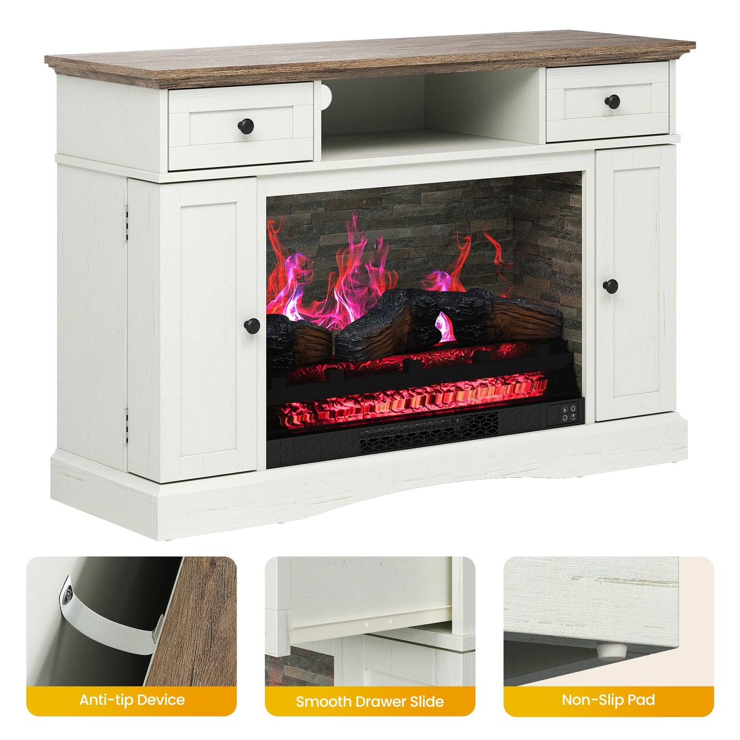 FansaFurn TV Stands with 28'' Electric Fireplace, Media Console Table with Adjustable Shelves & Double-Door, Entertainment Center for TVs up to 55'' for Living Room, White and Rustic Oak