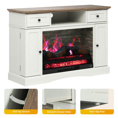 FansaFurn TV Stands with 28'' Electric Fireplace, Media Console Table with Adjustable Shelves & Double-Door, Entertainment Center for TVs up to 55'' for Living Room, White and Rustic Oak
