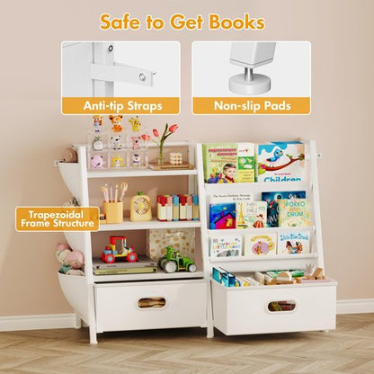 Homeiju Kids Bookshelf and Toy Storage Organizer, 3 Tier Kids Bookcase, Sling Bookshelf and 2 Toy Bins with Toy Storage Organizer for Children Room, Playroom, Nursery, White