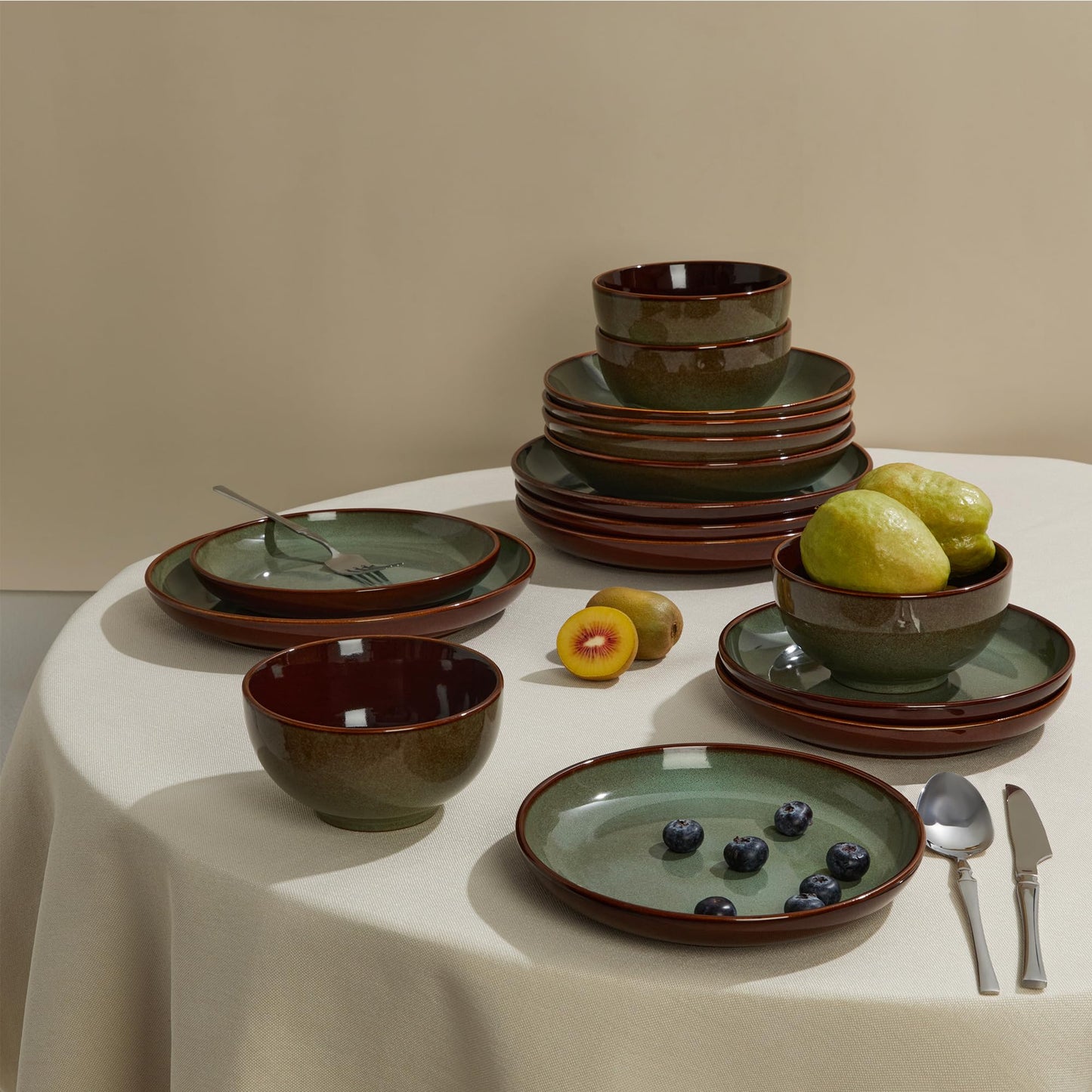 Pokini 36 Piece Stoneware Dinnerware Sets, Ceramic Plates and Bowls Set, Microwave & Dishwasher Safe Kitchen Dish Set, Modern Dinner Salad Plates | Cereal Bowls for 12, Dishware Sets Sage Green