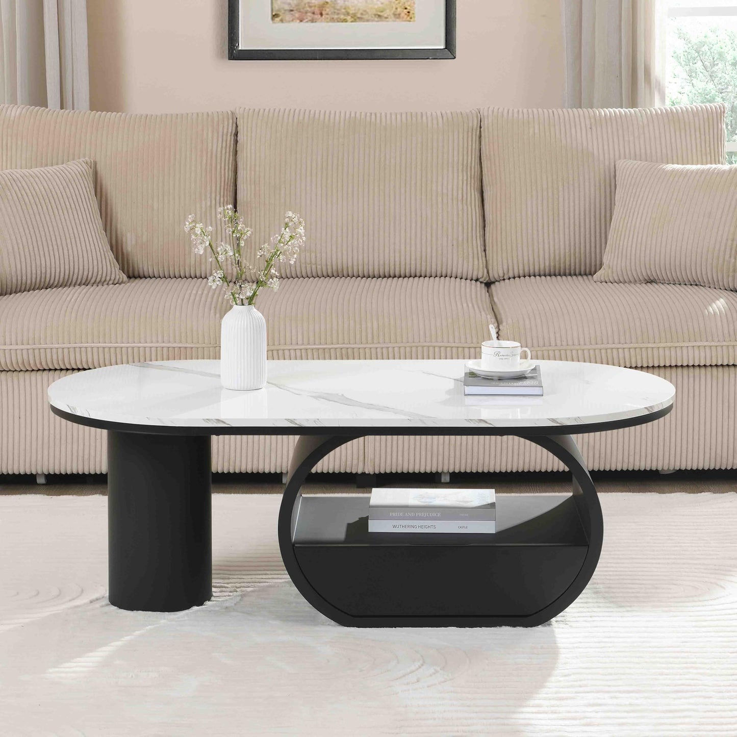 KEIKI Luxury Modern Oval Coffee Table with Storage Drawer, 47.24" Faux Marble Top, Wooden Coffee Table with Shelf, Sturdy Black Metal Frame for Living Room & Office, Black White