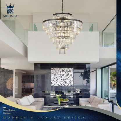 MERINEA Large 40" Black Crystal Chandelier 28 Lights Modern Round Chandeliers for Staircase Luxury 7-Tier K9 Crystal Ceiling Pendant Light Fixture for High Ceiling Living Room Foyer