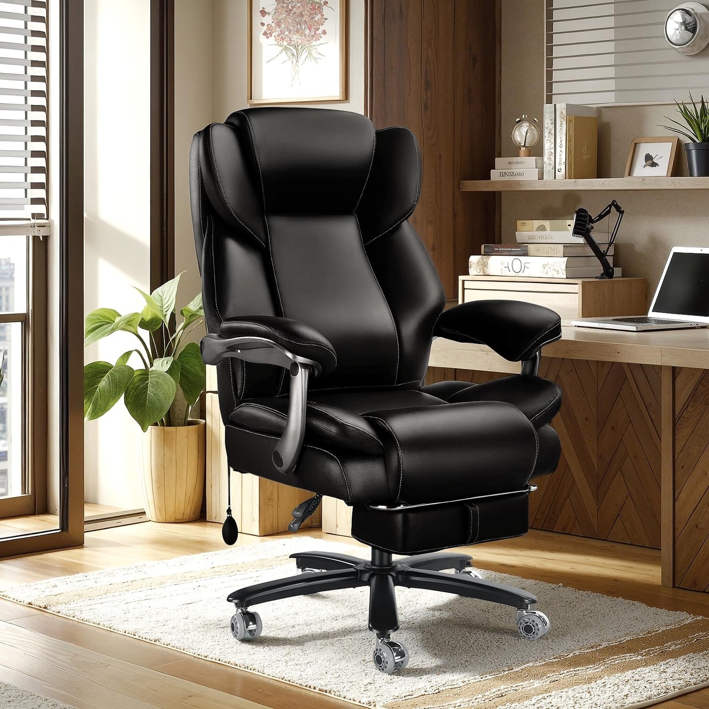 600lbs Big and Tall Office Chair for Heavy People,Heavy Duty Comfy Executive Office Desk Chair with Adjustable Lumbar Support,High Back Reclining PU Leather Computer Chair,Metal Base (Classic, Black)