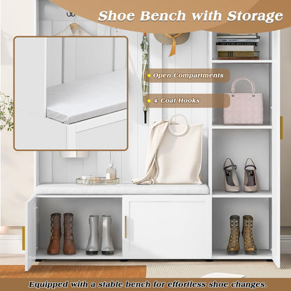 Amposei Modern Hall Tree with Shoe Storage Bench & Coat Rack, 79.72''H Tall Entryway Cabinet Organizer with 6 Doors, 4 Hooks & Padded Seat for Hallway Mudroom Living Room, White