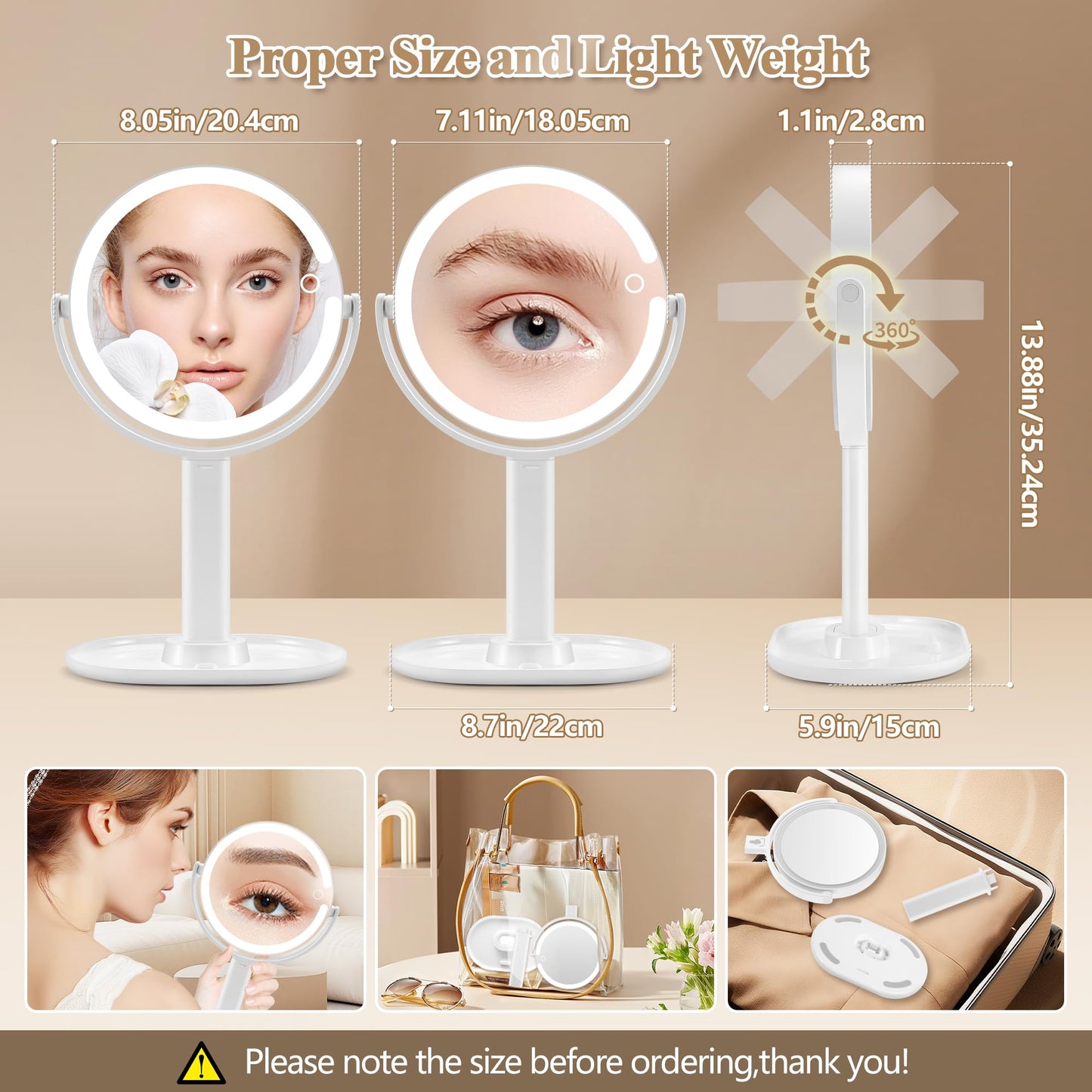 Makeup Mirror with Lights, Double Sided 1x/20x Magnifying Mirror with Light, Rechargeable 3 Color Lights and Adjustable Brightness, 360° Rotation Detachable Comes with Tweezer(Black)