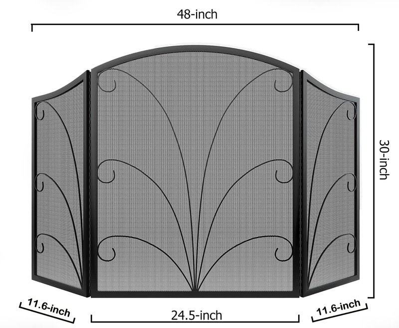 Kingson 3-Panel Arched Fireplace Screen Decorative, Handcrafted Scroll Wrought Iron Fireplace Spark Guard Cover - Black