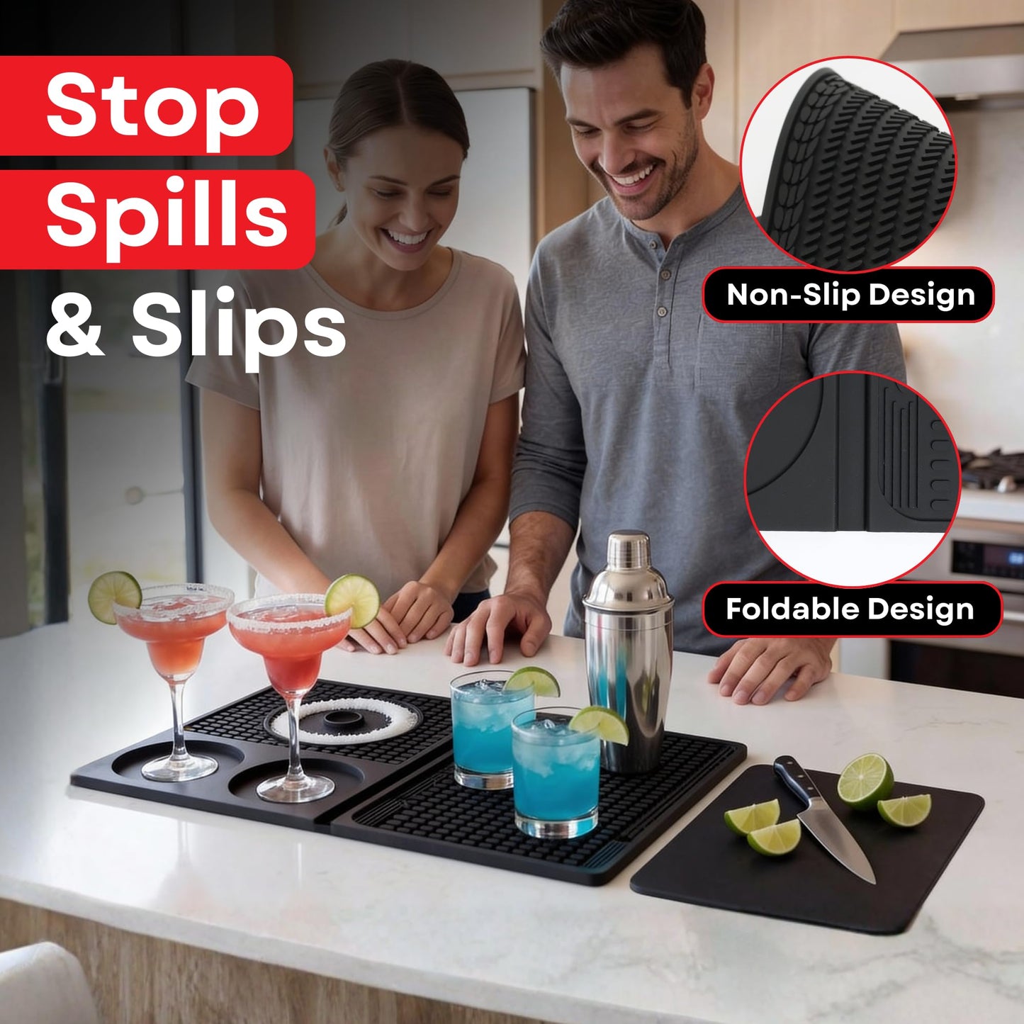 Foldable Bar Mat with Cutting Board - 18" x 12" Professional Bartending Station - Non-Slip Silicone Drip Mat for Home Bar, RV Bar, Outdoor Bar & Events - Easy Storage Bar Accessories