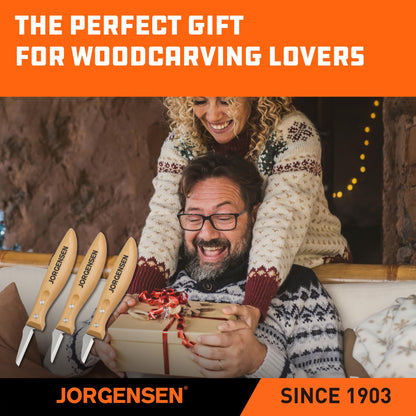 Jorgensen 3-Piece Wood Carving Tools, Stainless Steel Whittling Knife Set with Canvas Pouch, Protective Blade Cover, Ergonomic Curved Handle - Professional Wood Carving Kit for Beginners