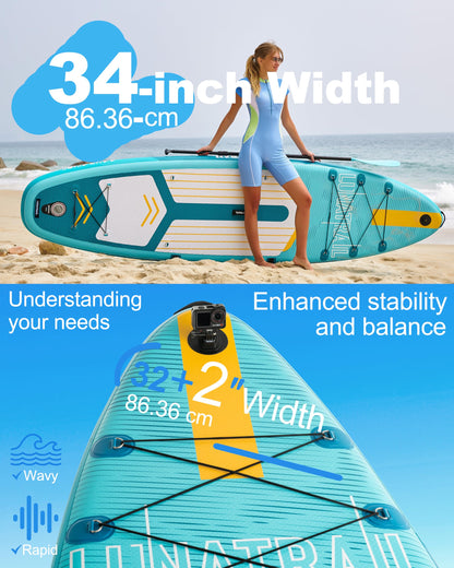 【11'×34"】 Extra Long/Extra Wide Premium Inflatable Stand Up Paddle Board (SUP) – Portable & Lightweight for Yoga, Surfing | Complete Kit with Paddle, Pump, Bag | Durable Design (Light Blue)