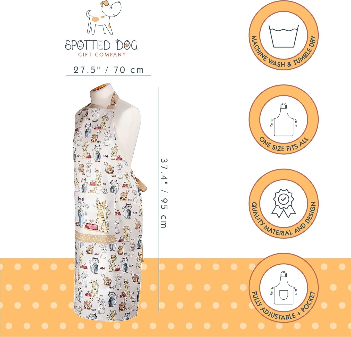 SPOTTED DOG GIFT COMPANY Apron - Cute Cats Themed Kitchenware, 100% Cotton, 37"x28" Cooking and Baking Gift