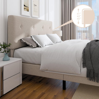 Mxhtcewz King Size Linen Bed Frame, Upholstered Platform Bed Frame with Adjustable Headboard, Wooden Slats Support, Easy Assembly, No Box Spring Needed, Beige