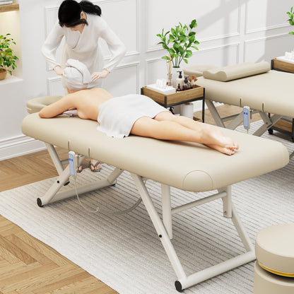 pouseayar Adjustable Massage Table with Face Pillow & Headrest, Sturdy and Solid, Silent and Easy to Adjust - Adjustable Backrest, Electric Leg Lifting, Beige Gray