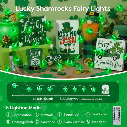 St Patricks Day Decorations Green Christmas Lights with 40 Led 3D Shamrocks, Battery Operated Lucky Clover Lights with Remote Control for Indoor Outdoor Home Garden Golf Cart St. Patrick's Day Decor