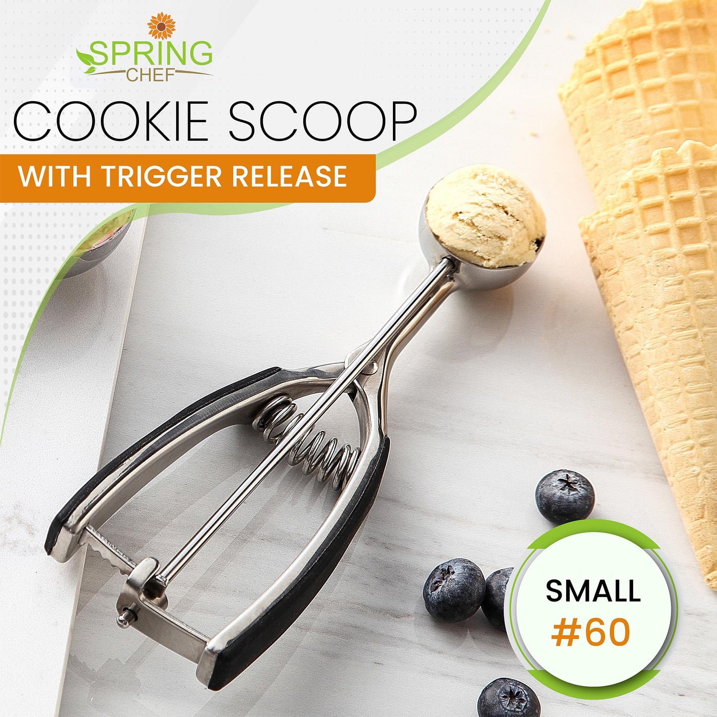 Spring Chef Small 1 Tablespoon Stainless Steel Cookie Scoop for Baking - Multifunctional #60 Cookie Dough Scoop with Trigger Release - Kitchen Scooper for Food - Dishwasher Safe Melon Baller - Black