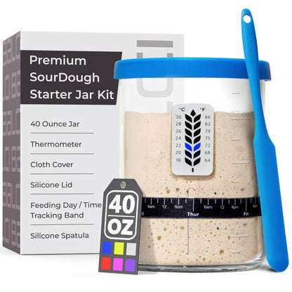 Premium Sourdough Starter Jar - 40oz Large Sourdough Jar with Marked Feeding Band, Thermometer, Scraper, Cloth Cover and Silicone Lid/Base, Wide Mouth Starter Kit - Blue