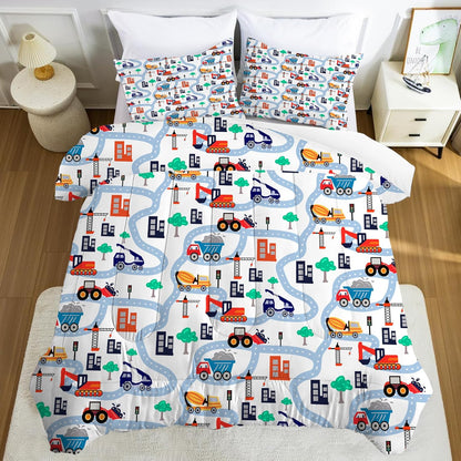 Set Set 1 1 Cartoon Truck Comforter Twin: Construction Bedding for Boys Kids Children Bedroom Dorm White Cute Cars