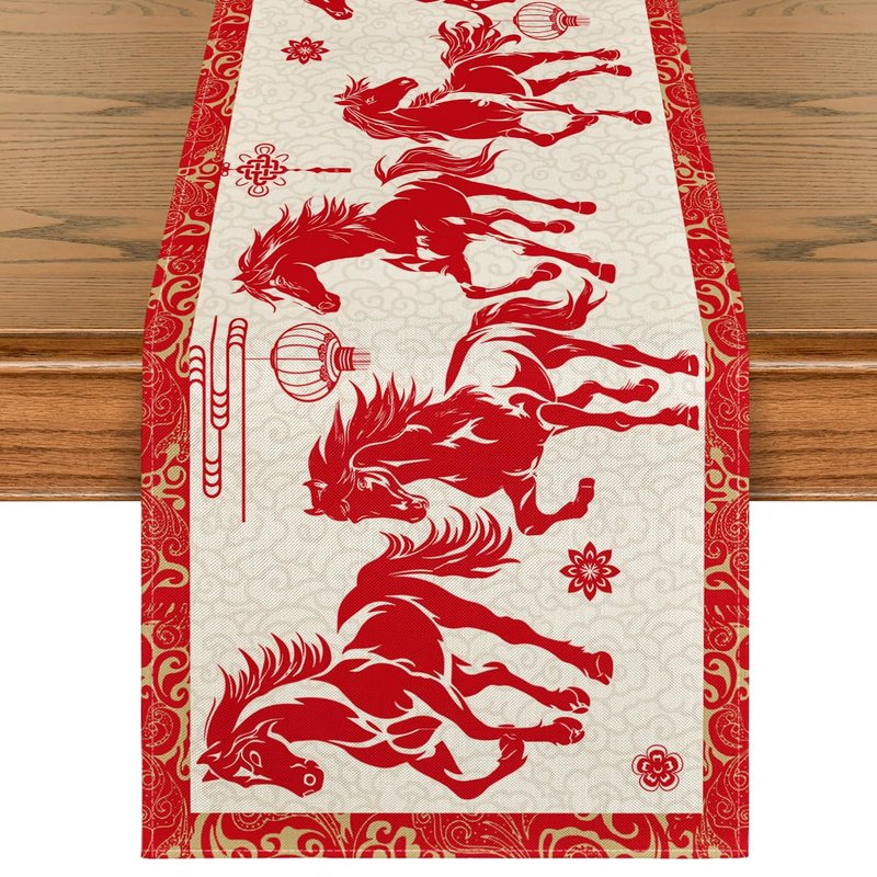 Artoid Mode Propitious Clouds Chinese Zodiac Horse Happy 2026 Lunar New Year Table Runner, Spring Festival Winter Kitchen Dining Table Decoration for Home Party 13x72 Inch