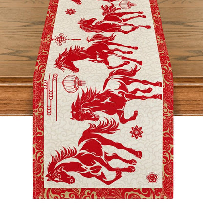 Artoid Mode Propitious Clouds Chinese Zodiac Horse Happy 2026 Lunar New Year Table Runner, Spring Festival Winter Kitchen Dining Table Decoration for Home Party 13x72 Inch