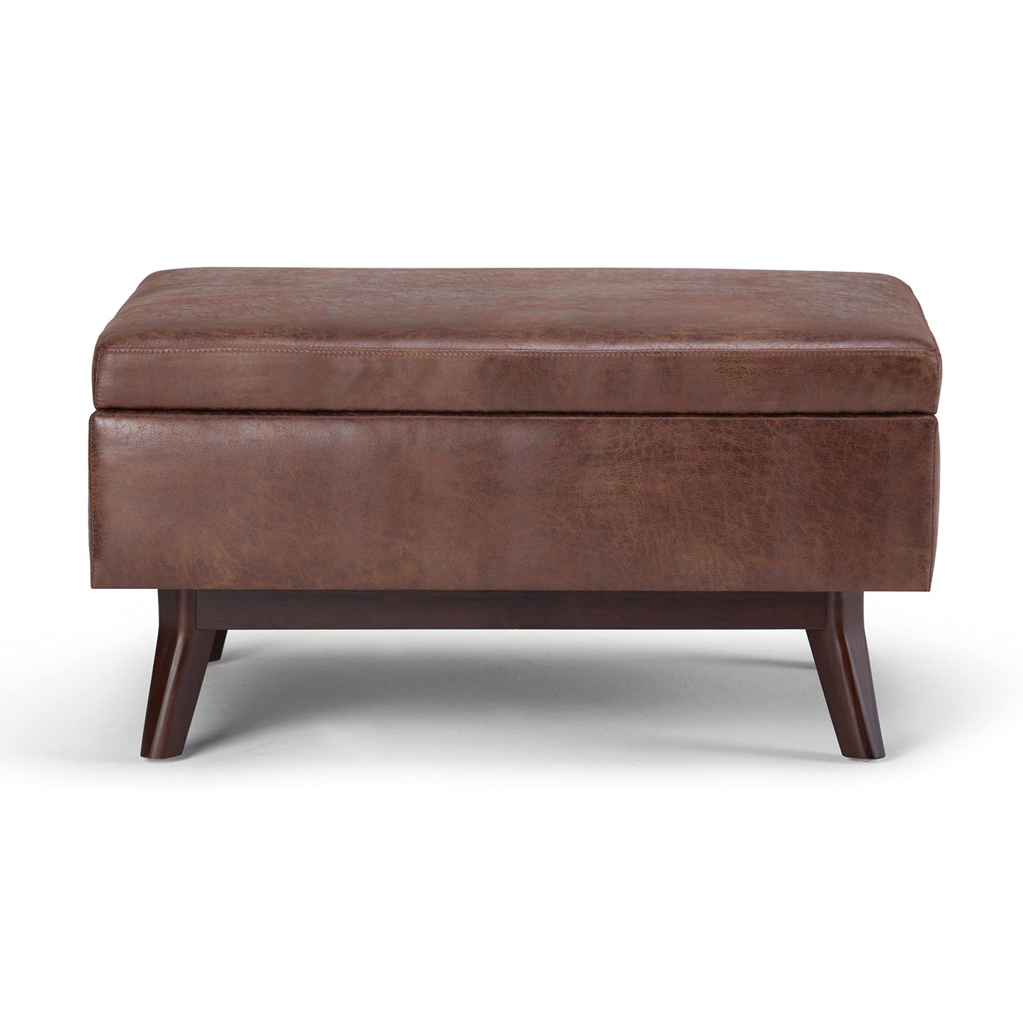 SIMPLIHOME Owen Coffee Table Storage Ottoman - 34" Wide x 19" High Upholstered Vegan Leather Rectangular Lift-Top Ottoman in Distressed Saddle Brown, Mid-Century Modern Bench with Tapered Legs
