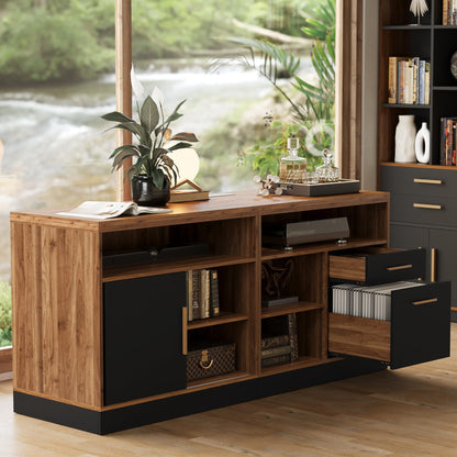 ModernMate Lateral File Cabinet with Lock,Home Office Furniture Storage Cabinet w/2 Drawers for A4 / Letter Documents, Wide Credenza w/Built-in Power Outlet, Fashion TV Stand Organizer Black Walnut