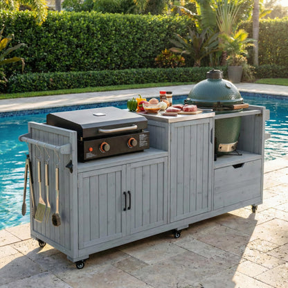 Merax 80.5" Outdoor Kitchen Island for Big Green Egg& Blackstone Griddle,Solid Wood Grill Cart Table with Stainless Steel Top,Drawer for Large Big Green Egg and 21"/28" Blackstone Griddle,Grey Blue