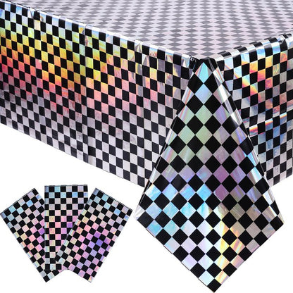 SAJOO 3 Packs Black Checkered Iridescent Tablecloth 54 x 108 Inch Holographic Foil Table Cloth Shiny Disposable Laser Rectangle Plastic Table Cover for Picnic Camping