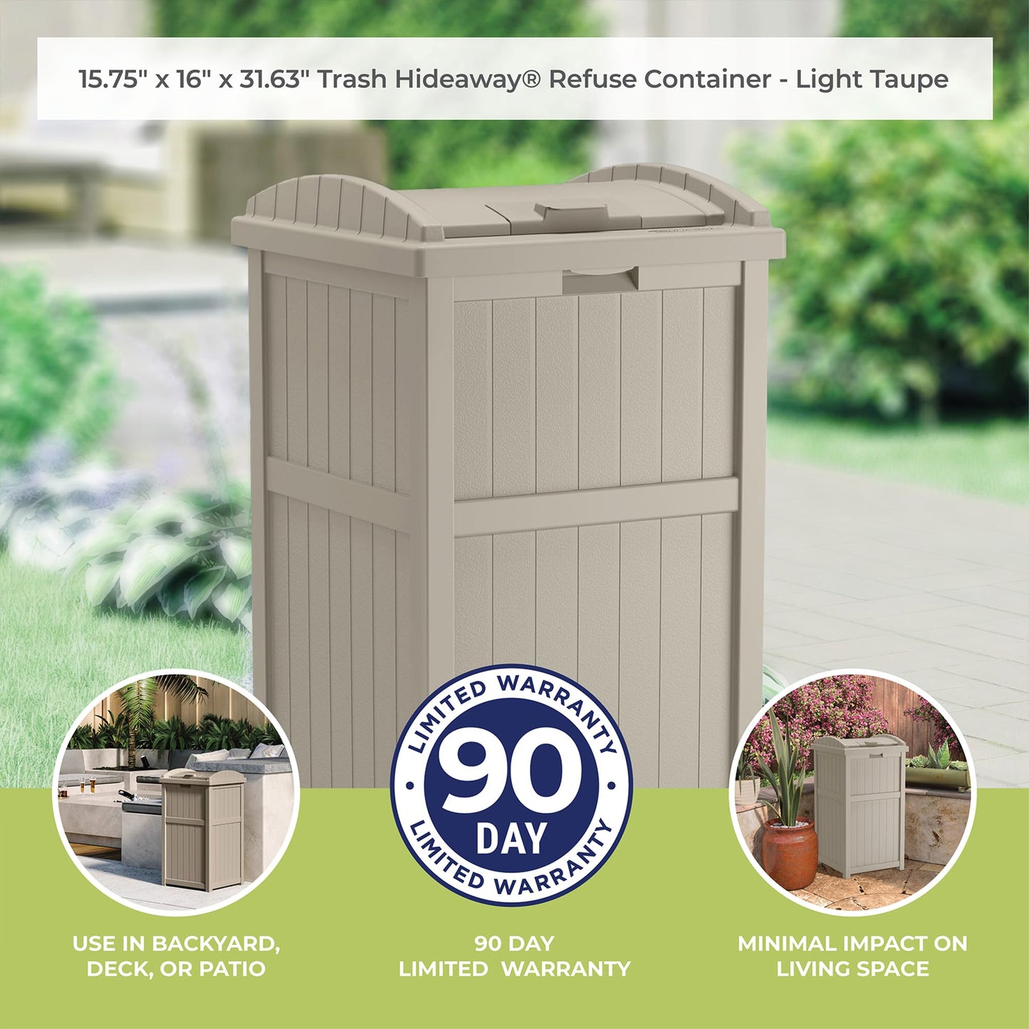 Suncast Hideaway Outdoor Trash Can with Lid - 30 Gallon Trash Can, Light Taupe, Decorative Wicker-Style Garbage Bin, Weather-Resistant Resin Fits 30-33 Gallon Bags, Ideal for Patio & Yard, Made in USA