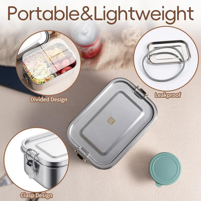 GOLDEN KEY 27oz Stainless Steel Bento Box for Kid,800ml Small & Thickened Metal Lunch Box with 3 Compartments,Eco-friendly Leak-Proof Container with Lockable Clips(Green)