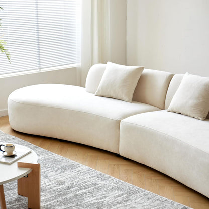 Container Furniture Direct 132" Curved Sofa with Throw Pillows, 6 Seater Luxury Velvet Couch with Half Moon Design and High-Density Foam, Ideal for Modern Living Room, Office & Apartment, Ivory