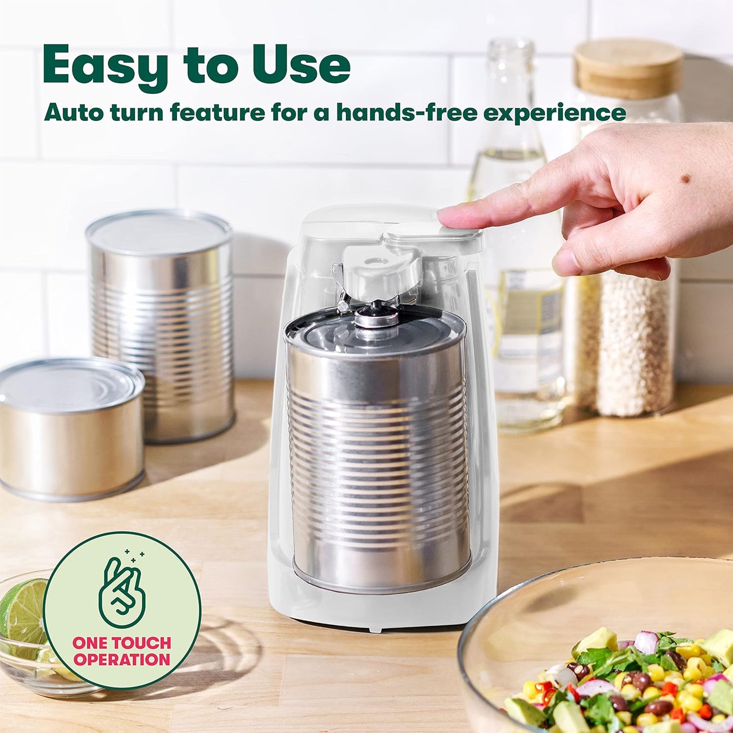 BELLA Electric Can Opener and Knife Sharpener, Multifunctional Jar and Bottle Opener with Stainless Steel Blade, White