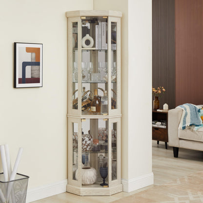 KEIKI 70" Corner Glass Display Cabinet with Adjustable Shelves, for Collectibles, Storage Curio Cabinet with Side-Hung Pane Doors, 5-Tier Showcase Display Case, Easy Assembly, for Living Room, White