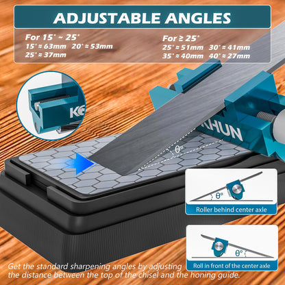 Kopkhun Chisel Honing Guide with Whetstone – Adjustable Sharpening Jig for Chisels and Plane Irons (0.2”–2.55”) – Anti-Rust Metal Body – Smooth Rolling Sharpening Tool Kit