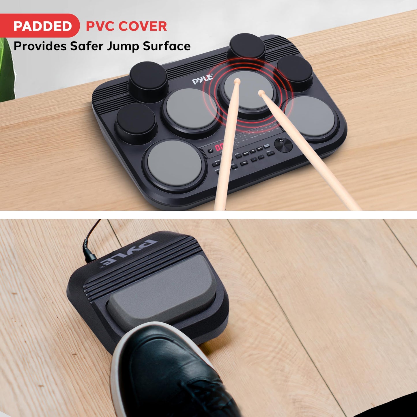 Pyle Electronic Tabletop Drum Pad Set - Compact Portable Drum Kit w/ 8 Touch Sensitive Drum Pads and Pedals, 600 Sounds, USB & Headphone Outputs, MIDI/AUX Inputs - 80 Preloaded Kits (Black)