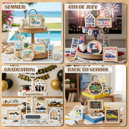GlikCeil 95 Pcs Interchangeable All Season Tiered Tray Decor Set Summer Hawaii 4th of July Decorations Wooden Frames Ladders with Season Cards Bows for Independence Day Holiday Kitchen Home