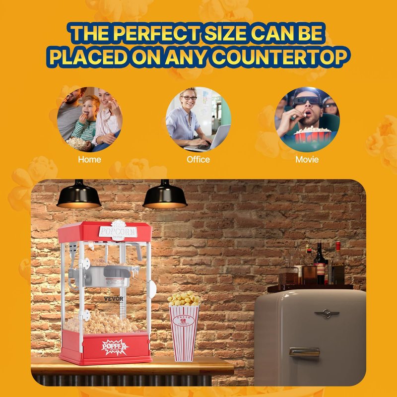 VEVOR Popcorn Maker, 480W Popcorn Popper Machine, 4 Oz Kettle Makes 1.5 Gallon per Batch, Tabletop Popcorn Maker, Includes 3 Scoops, Movie Theater Style, Red