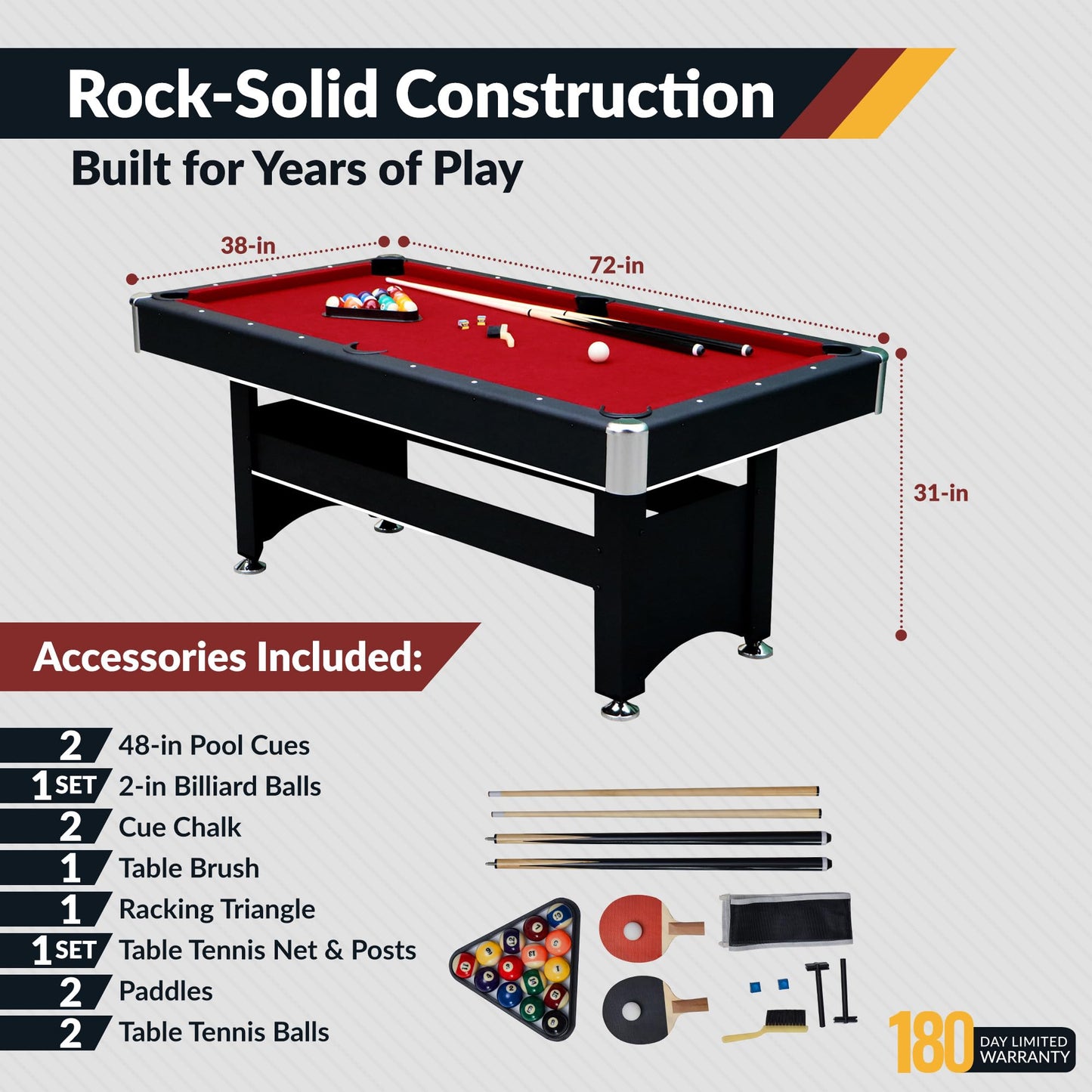 Hathaway Spartan 2-in-1 6ft Pool Table with Ping Pong Top for Game Room – With Red Felt, Engineered Wood Frame, Drop Pockets, Cues, Balls, Triangle, Chalk, Net, Paddles, Balls – Black Finish