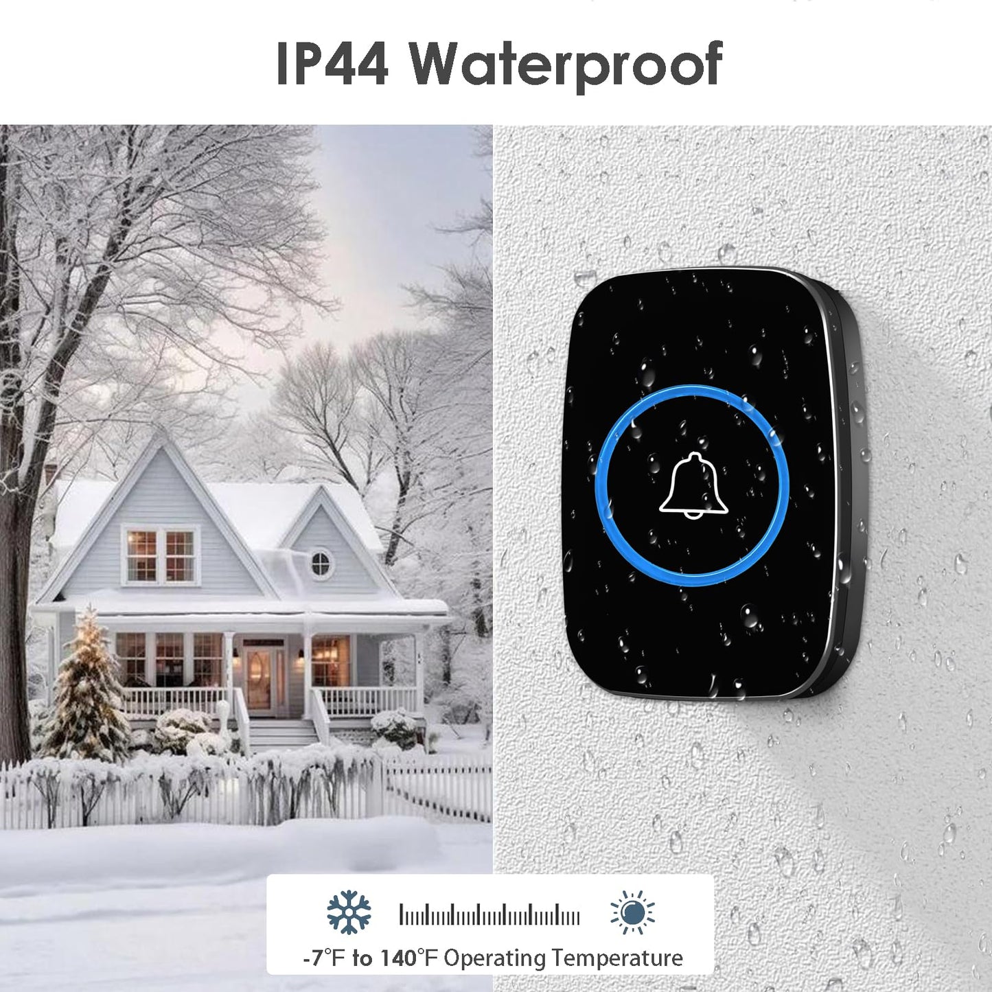 Wireless Doorbell, Waterproof Door Bell Kit, Distinguish Front and Rear Doors, Over 1000 feet Range and 60 Chime, 5 Levels Volume and LED Flash, for Home Office Classroom